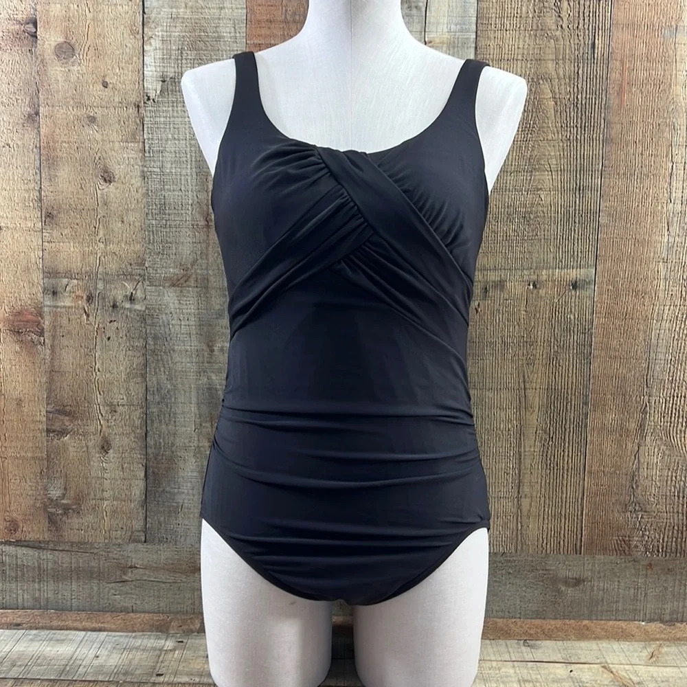 Lands End Brown Ruched Front One Piece‎ Swimsuit Womens 12 Underwire